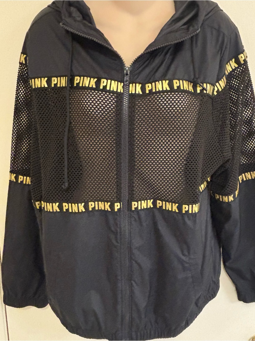 PINK Victoria's Secret Black Gold Mesh Hooded Windbreaker Jacket Size XS